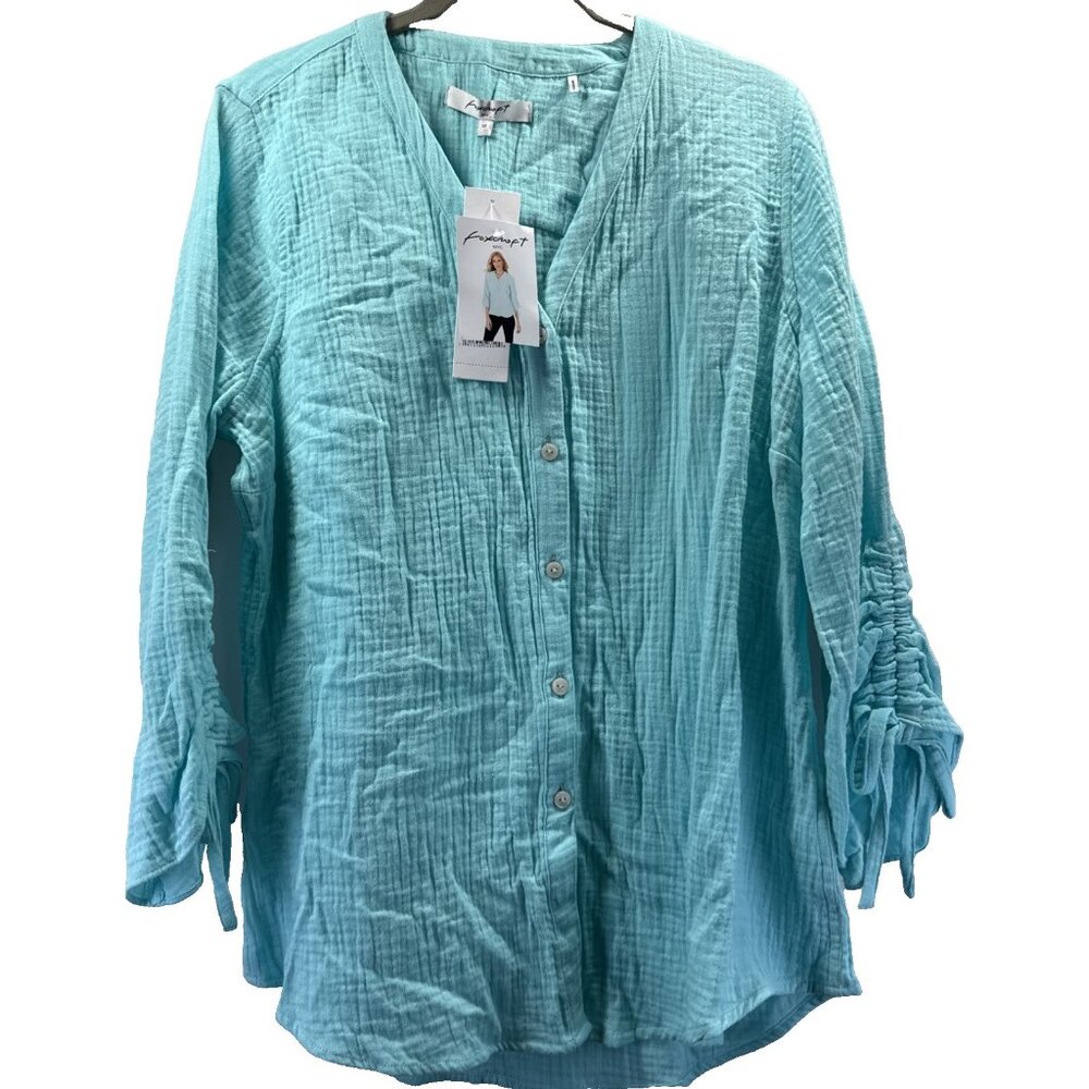 Foxcroft Shirt Top Size M Aqua Cotton Gauzy Ruched Tie Sleeves Button-Up Cotton